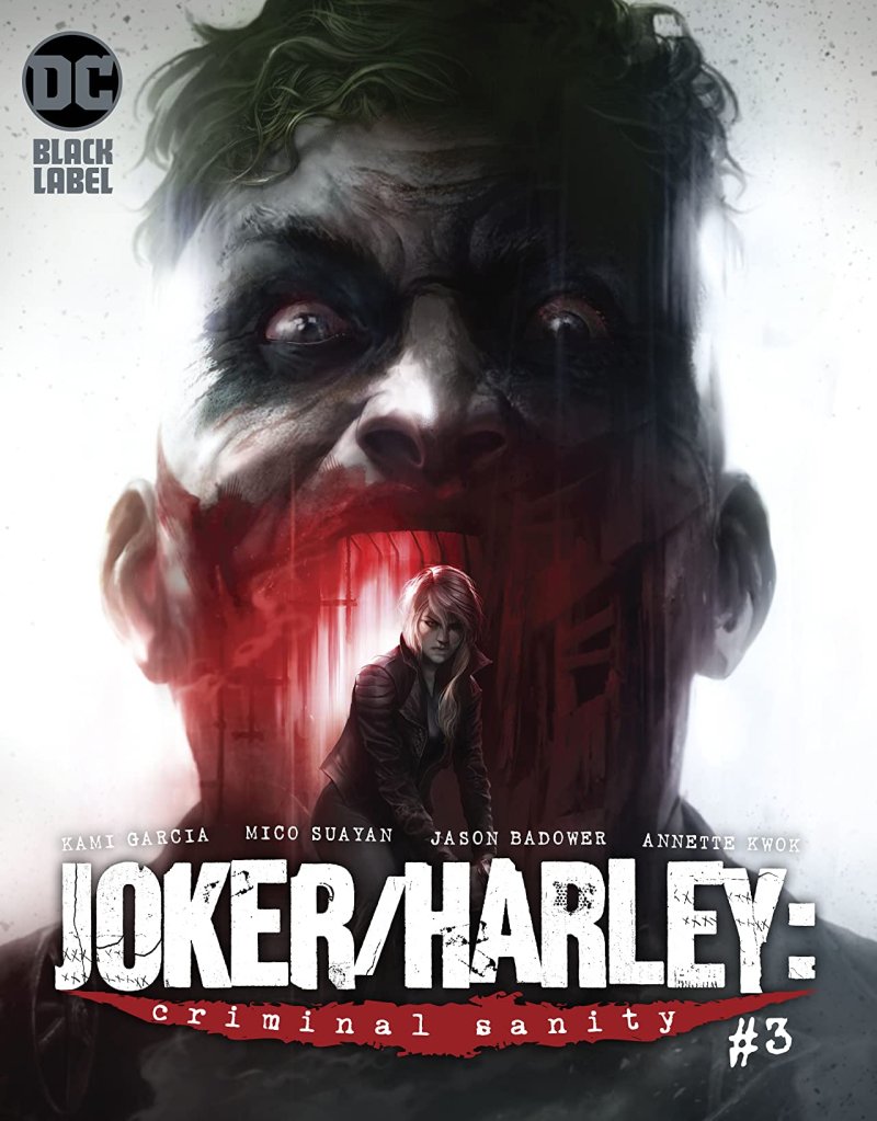 Cover of Issue #3 shows large head of the Joker with an open mouth. From within his mouth Harleen emerges. The images are layered over one another so that you can see a red glowing room from within his mouth. 