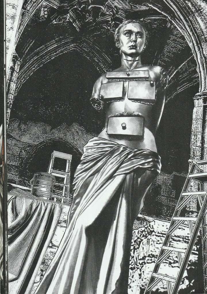 Image shows latest corpse. The corpse is depicted in a photo realistic style, and mimics Dali's Drawers of Memory. The background, abandoned with vaulted ceilings mimics a more illustrative style. 