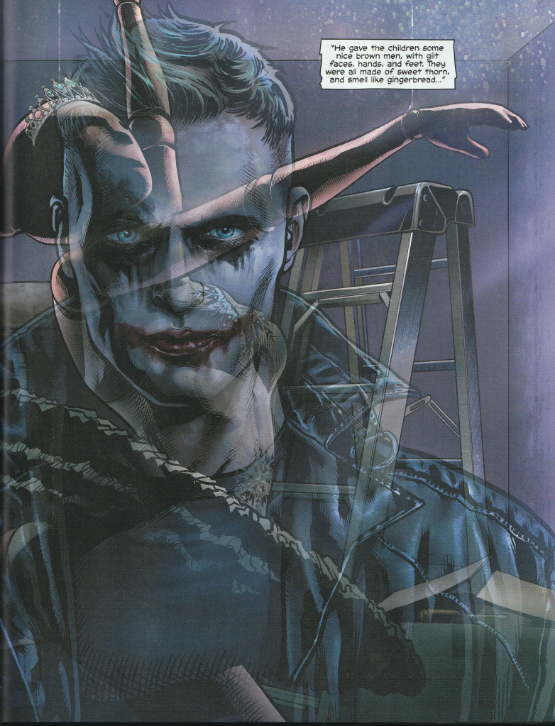Two images lay over one another making it diffract to see which is int he foreground and which in the background. One layer of the image shows the Joker, wearing his trademark makeup and a leather coat. The other a ballerina model.
